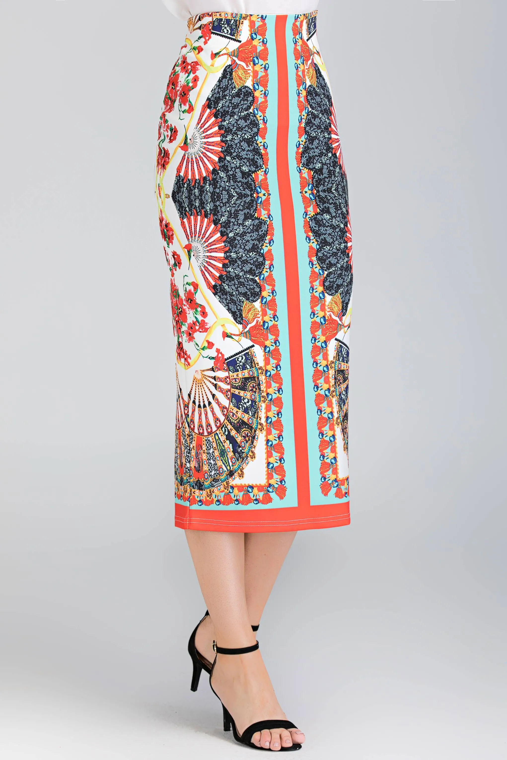 White Pleated Gabot Top and Printed Pencil Skirt Set