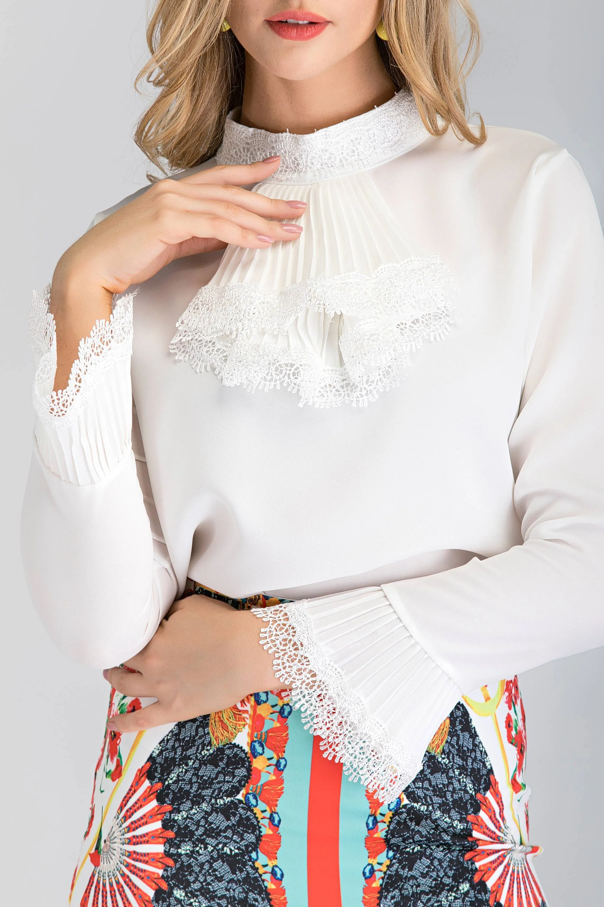 White Pleated Gabot Top and Printed Pencil Skirt Set