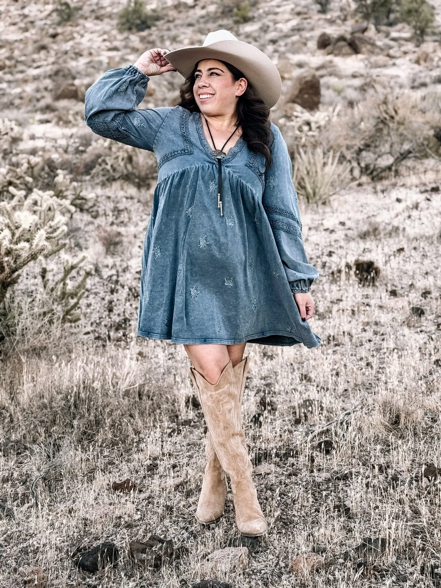 Wildflower Whimsy Boho Western Babydoll Dress, Denim