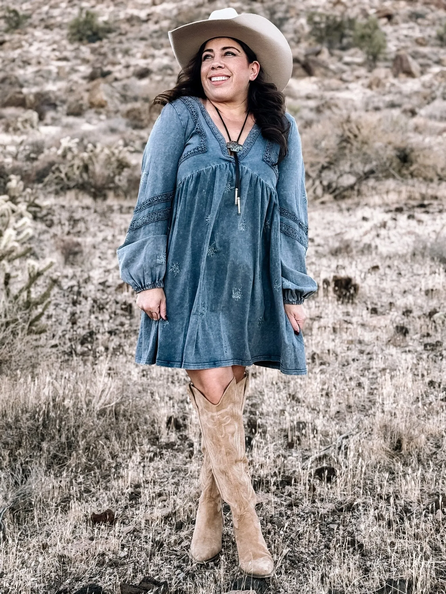 Wildflower Whimsy Boho Western Babydoll Dress, Denim