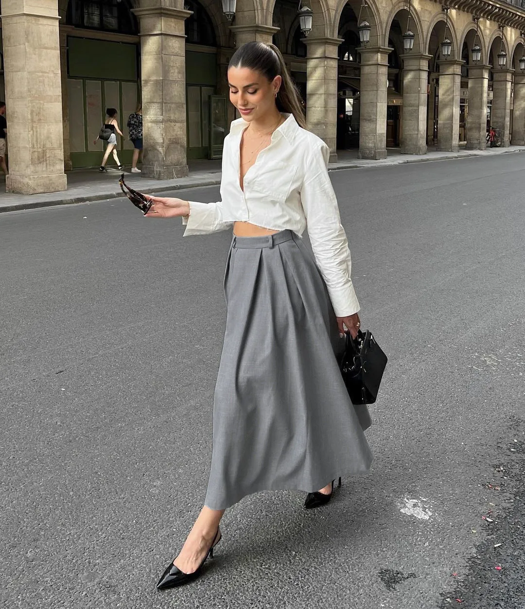 Women's Elegant Grey High-Waisted Pleated A-Line Skirt for Office and Casual Wear