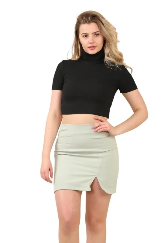 Women's Green High Waist Mini Skirt with Side Slit - Slim Fit Short Pencil Skirt